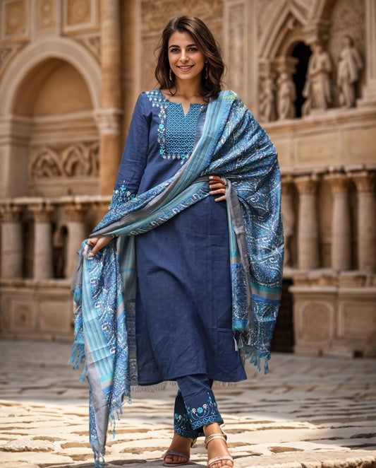 Women Cotton Suit with Dupatta Embroidered Kurta pant Dupatta