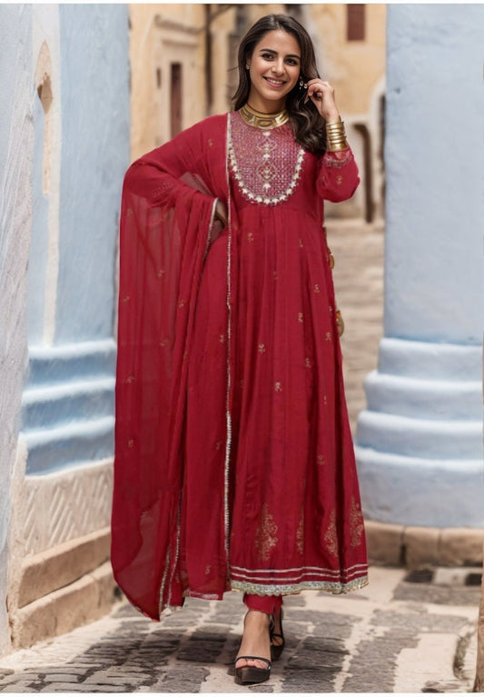 Indian Anarkali Kurti Pant Dupatta Red Anarkali 3Pc Readymade Salwar kameez Party Wedding Dress Karwa chauth Dress