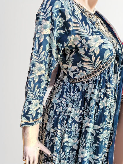 Chic Cotton Suit with Blue Floral Prints - Indian Festive Wear Readymade salwar Kameez Maxi Gown Anarkali dress