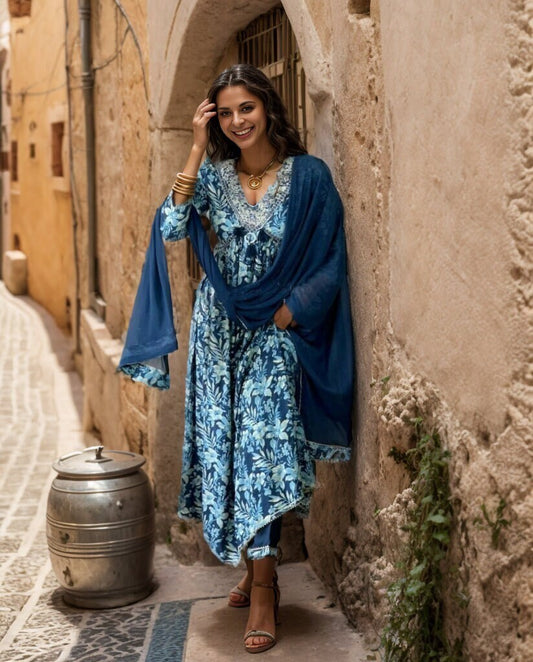 Chic Cotton Suit with Blue Floral Prints - Indian Festive Wear Readymade salwar Kameez Maxi Gown Anarkali dress