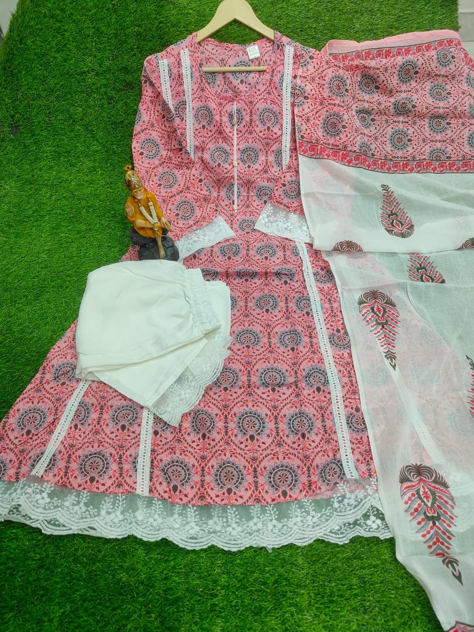 A-line Cotton Suit: Lace Embellished Kurti, Lace Pants, Cotton Dupatta  Somer Dress Indian wedding Dress Readymade salwar kameez
