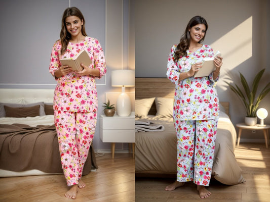 Floral Night Suit, Indian Cotton Pyjamas Set, Nightwear, Pure Cotton Fabric, Light Ultra-Soft Night Dress, Women Cotton Pants Shirt Setj