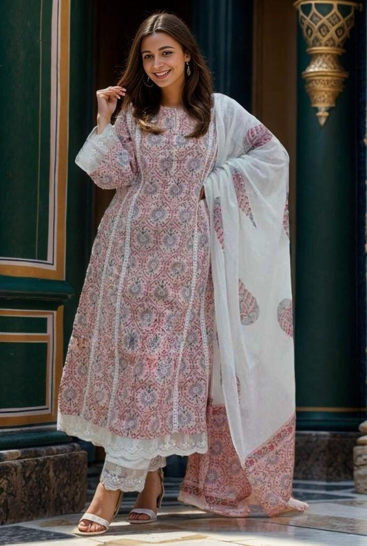 A-line Cotton Suit: Lace Embellished Kurti, Lace Pants, Cotton Dupatta  Somer Dress Indian wedding Dress Readymade salwar kameez