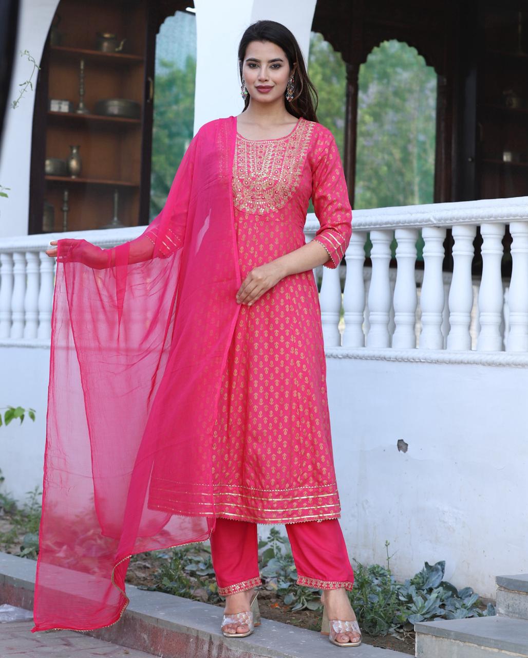 Pink anarkali suit with embroidery kurti pant dupatta salwar kameez gown wedding dress