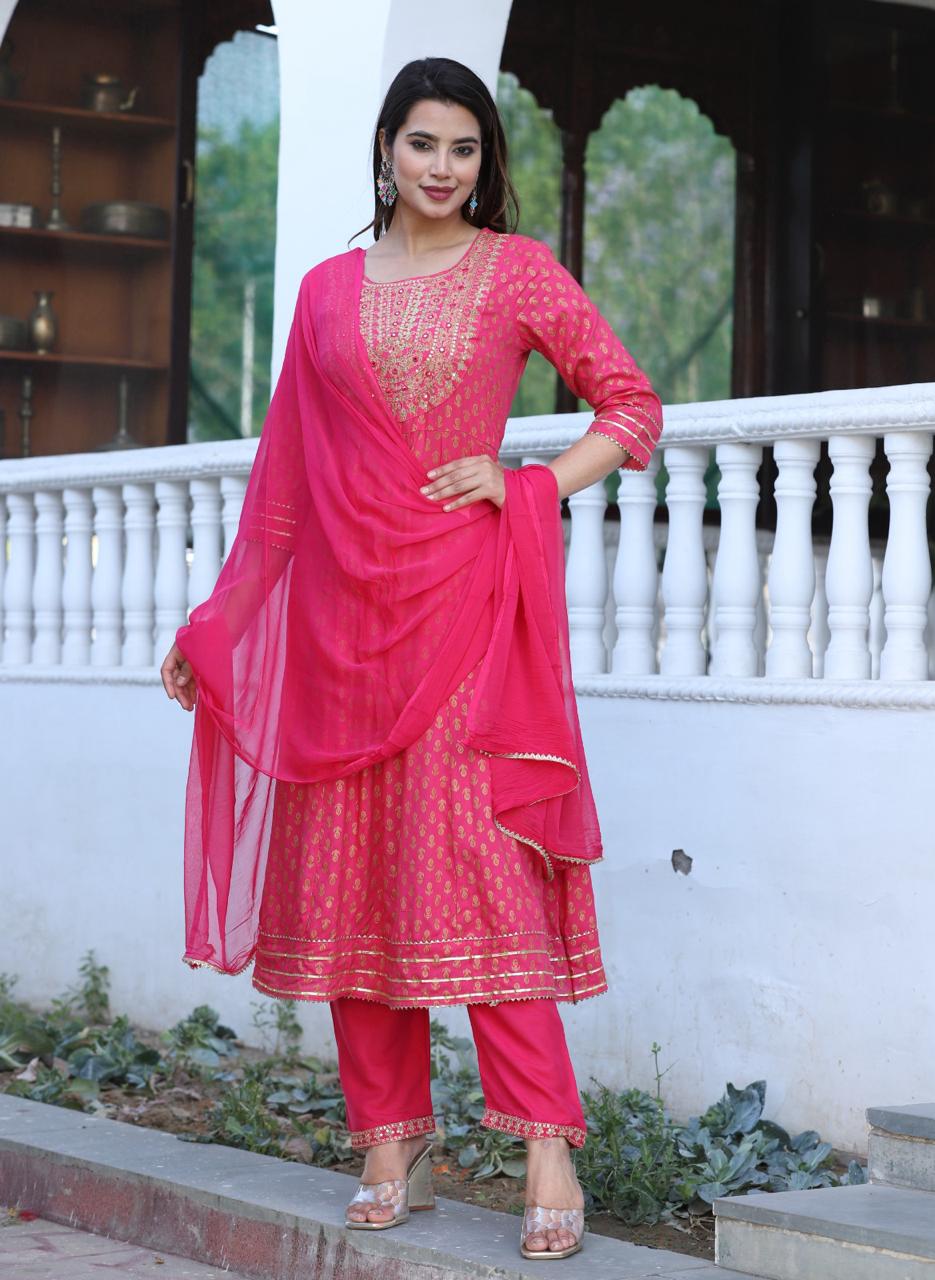 Pink anarkali suit with embroidery kurti pant dupatta salwar kameez gown wedding dress