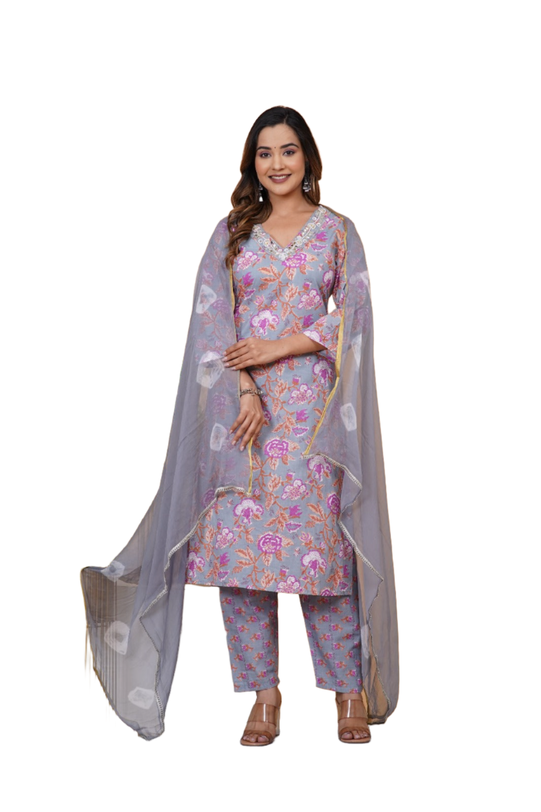 Gray cotton kurti pant dupatta set Indian Salwar Kameez