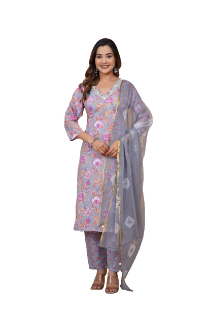 Gray cotton kurti pant dupatta set Indian Salwar Kameez