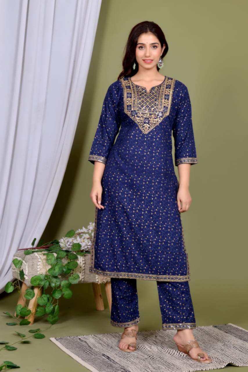 blue Embroidery Suit