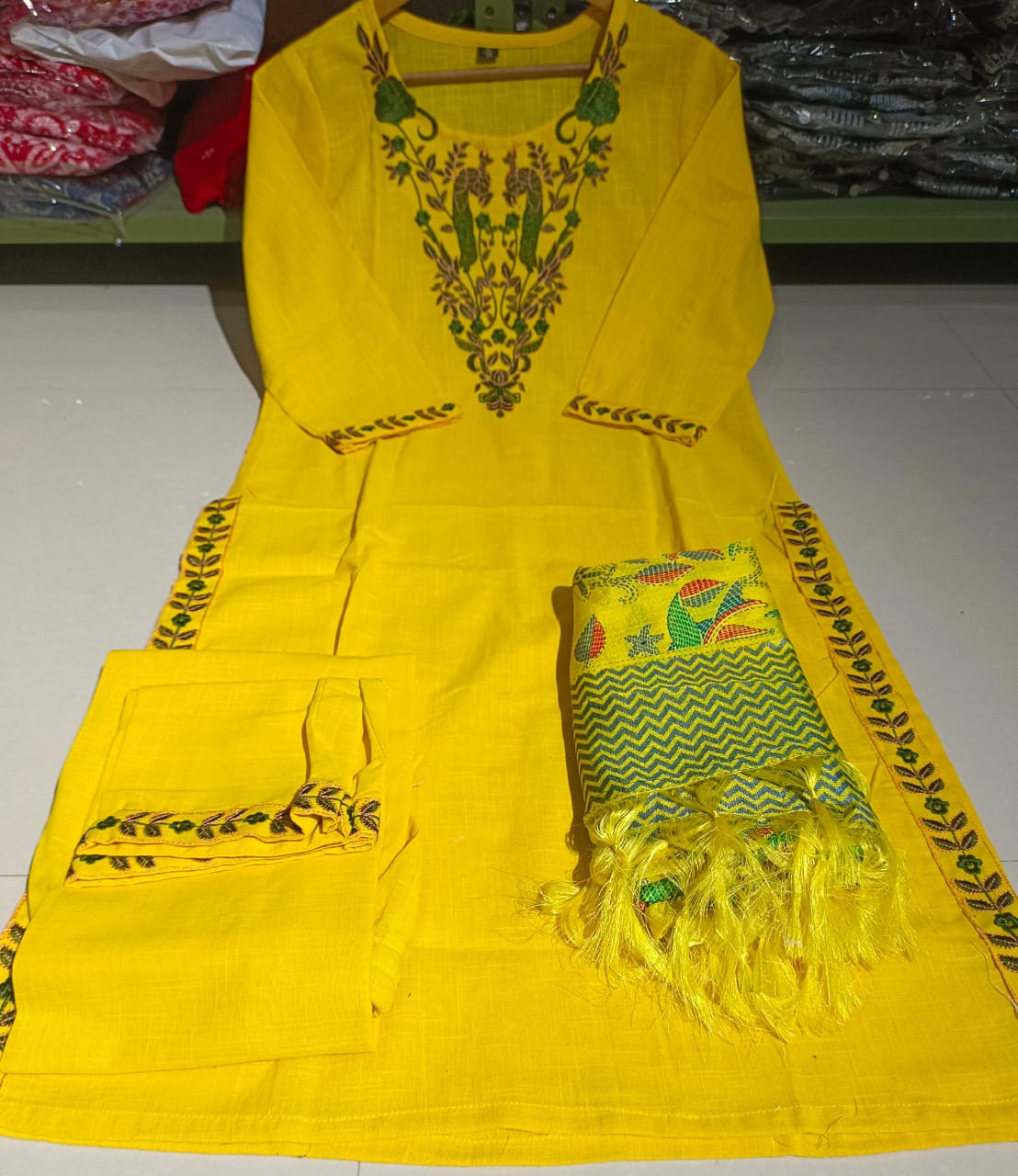 yellow cotton embroidery salwar kameez