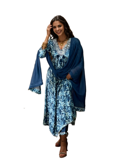 Chic Cotton Suit with Blue Floral Prints - Indian Festive Wear Readymade salwar Kameez Maxi Gown Anarkali dress