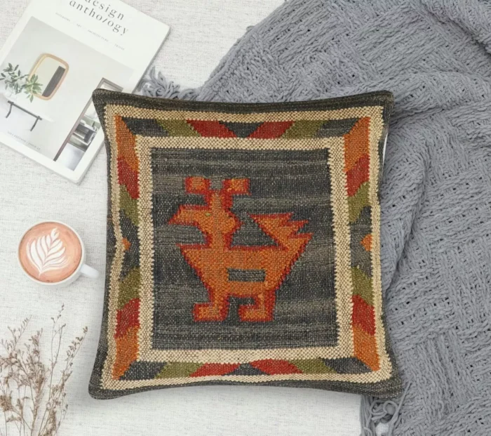 Heavy Handmade 18x18" Jute Kilim Cushion Cover Indian Vintage Pillow 18x18 - Image 4